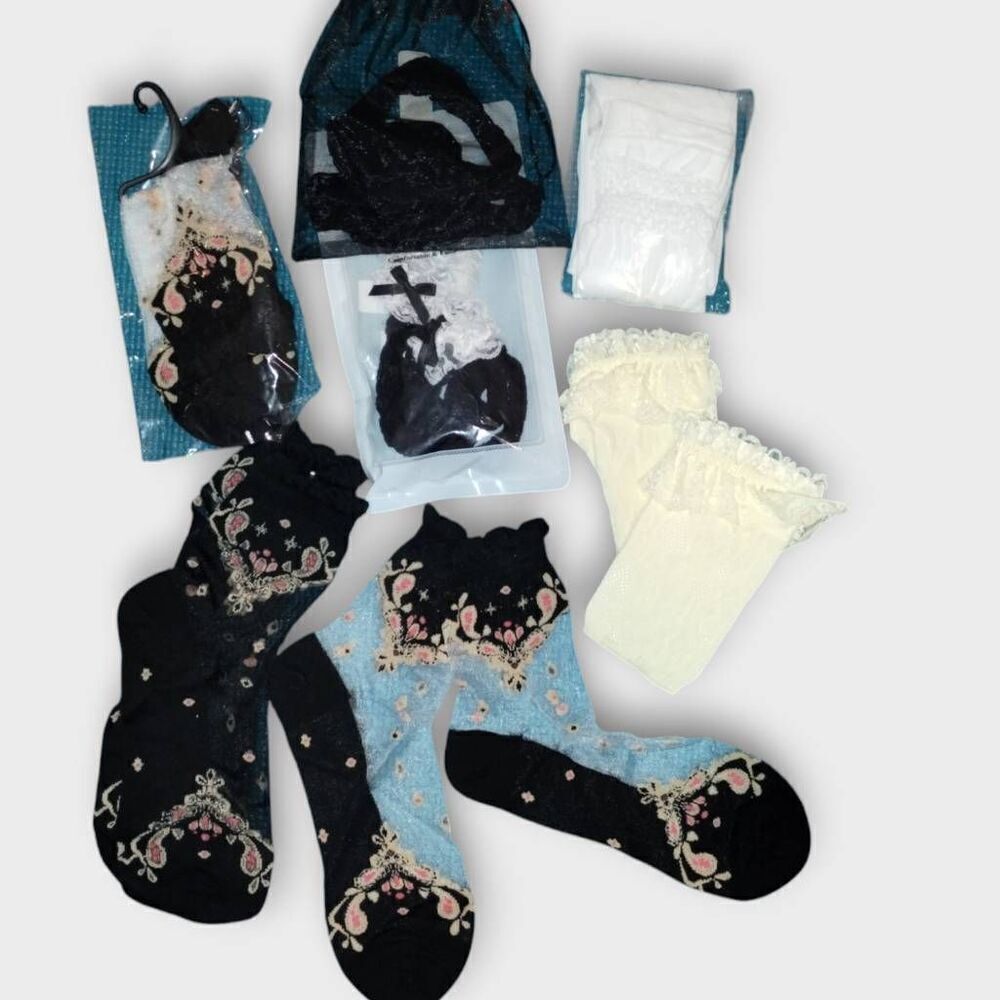 Womens Socks (7) OS Ankle Ruffle Black Sheer Floral Coquette Whimsicore Princess